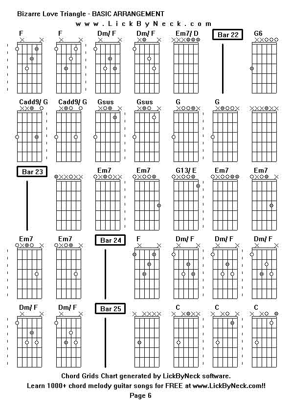 Chord Grids Chart of chord melody fingerstyle guitar song-Bizarre Love Triangle - BASIC ARRANGEMENT,generated by LickByNeck software.